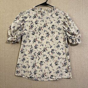 Unbranded Blouse Women's XSmall Tan Floral Pullover Short Sleeves